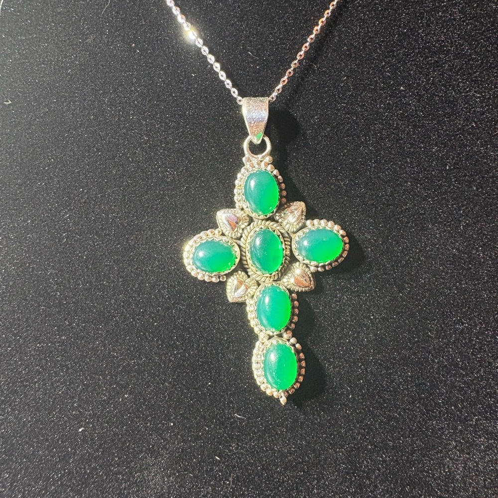 Green Onyx Sterling Silver Cross Pendant